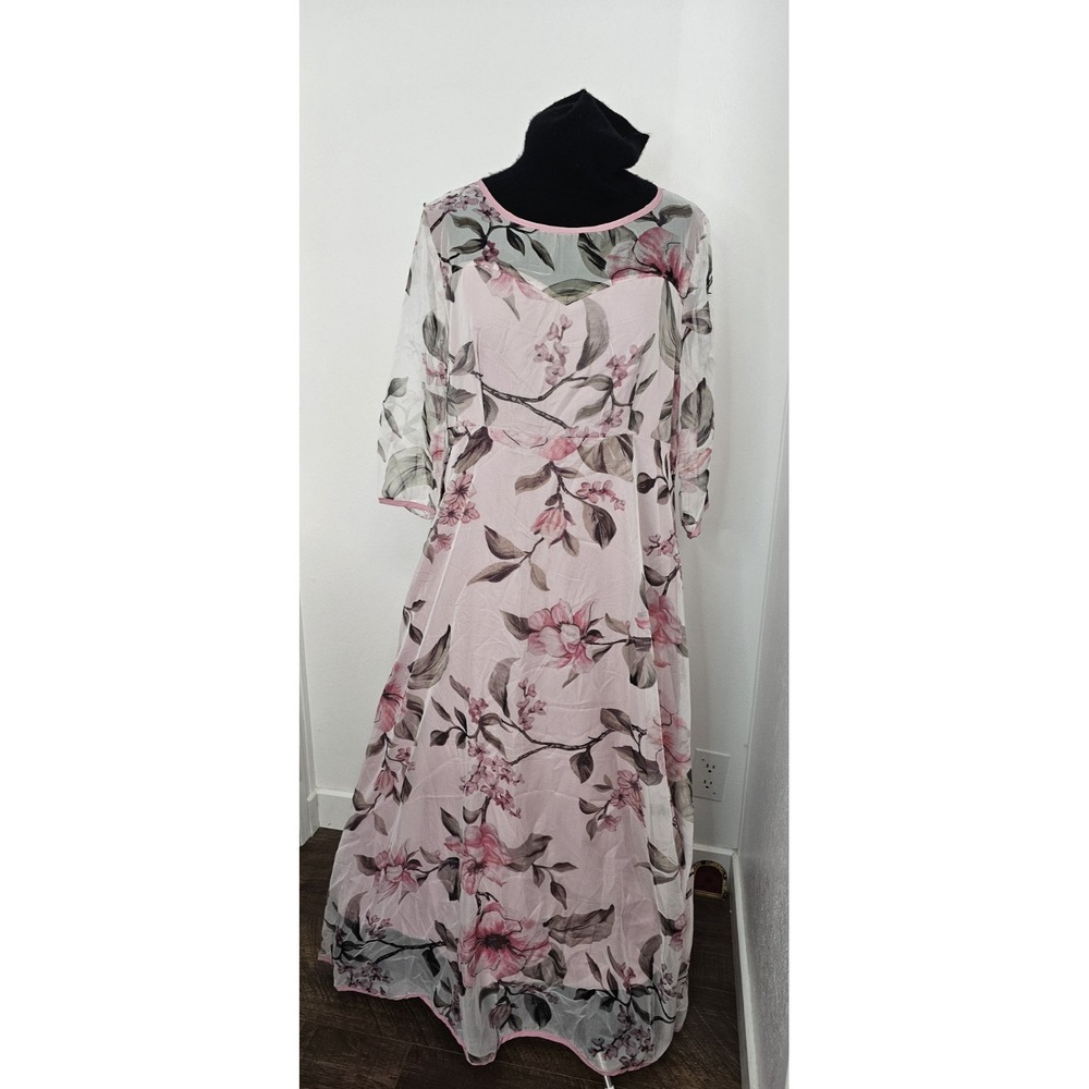 Flycurvy NWT Pink Floral Midi Dress XL Romantic Sheer Lined